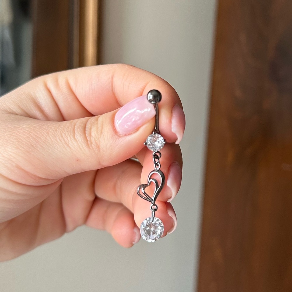 CZ stainless steel Open heart dangle gunmetal belly button ring
